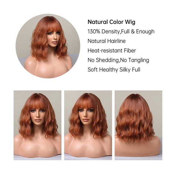 Shoulder Length Bob Ginger Copper Wig With Bangs - Picture 6 of 7